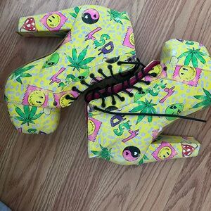 Vintage EMO Trip Party Platform Bootie Boot Heels Yellow